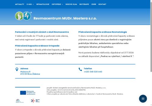 Desktop verze webu Revmacentrum MUDr. Mostera, s.r.o.