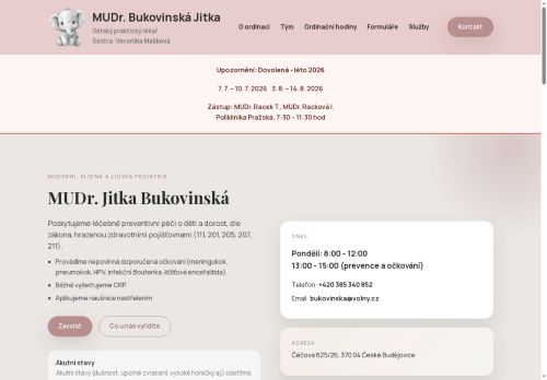 Desktop verze webu Bukovinská Jitka MUDr. - ambulantní pediatrie